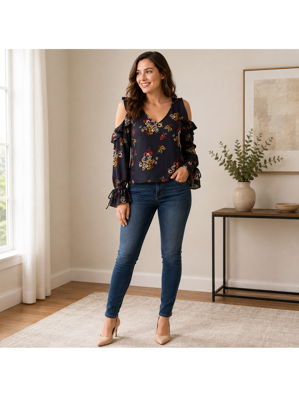 Skies Are Blue Cold Shoulder Blouse Womens M Navy Floral Ruffle Bell Sleeve Boho